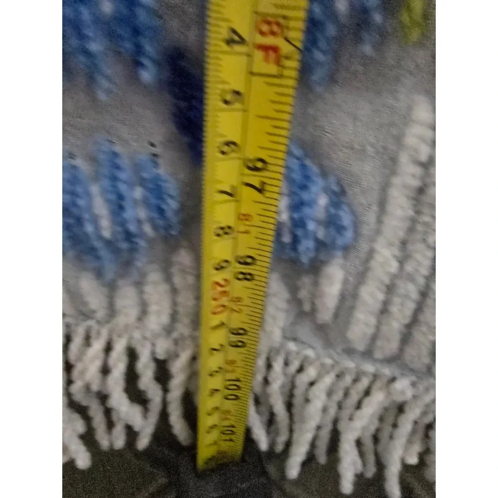 Vintage White Chenille Bedspread Blue Floral Popcorn Tufted Fringe 90x100